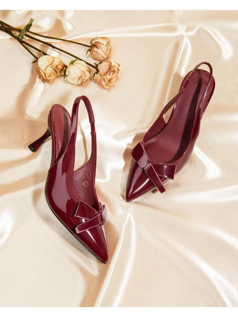 Women's Red Slingback Kitten Heels Bow Closed Pointed Toe Pumps Slip on Shoes